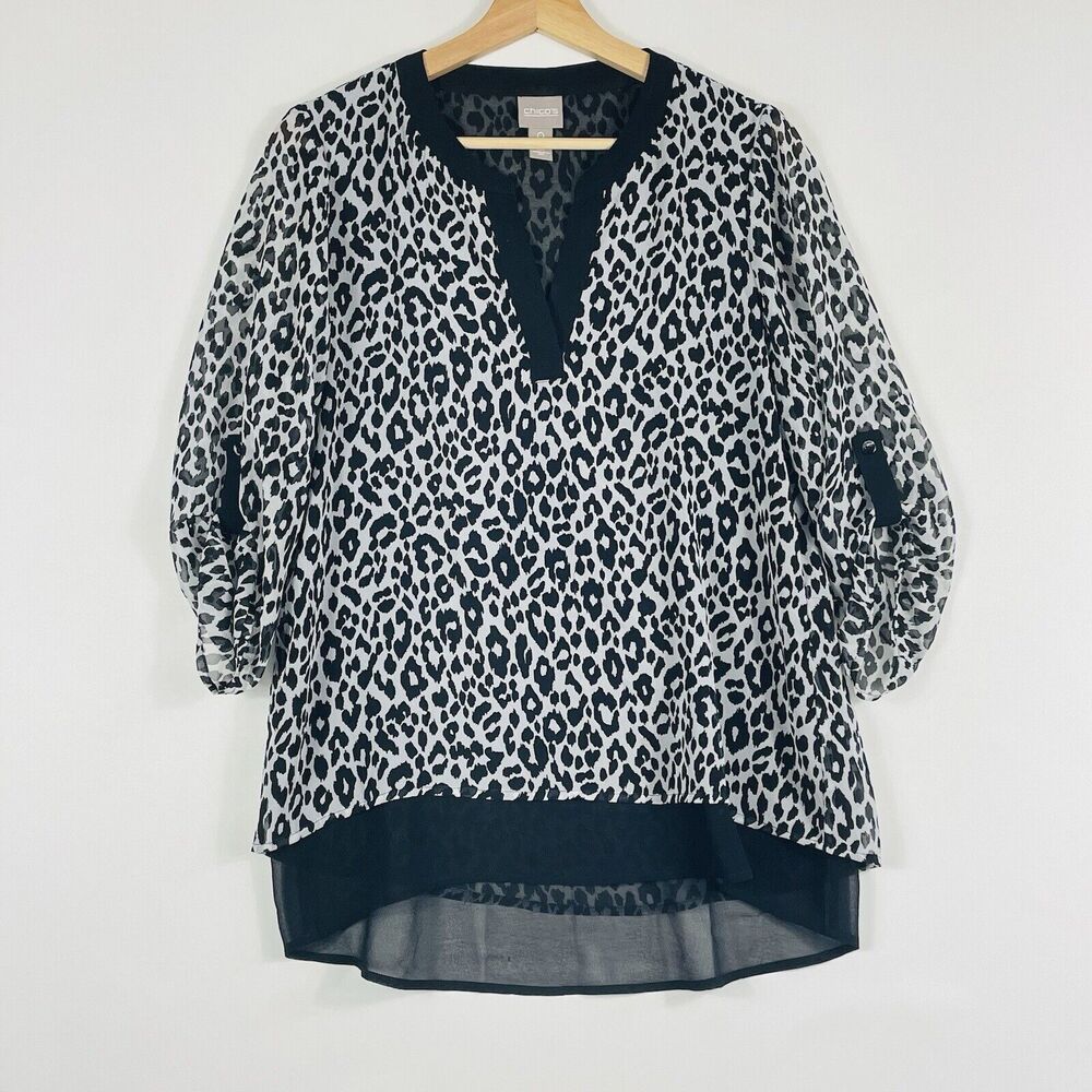Chico's Top Women 0 Small White Black Leopard Chiffon Roll Tab Sleeve Shirt 4